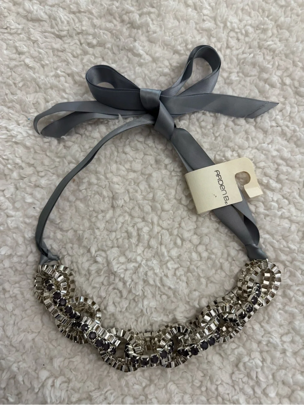 Arden B Crystal-Link & Grey Silk Ribbon Necklace